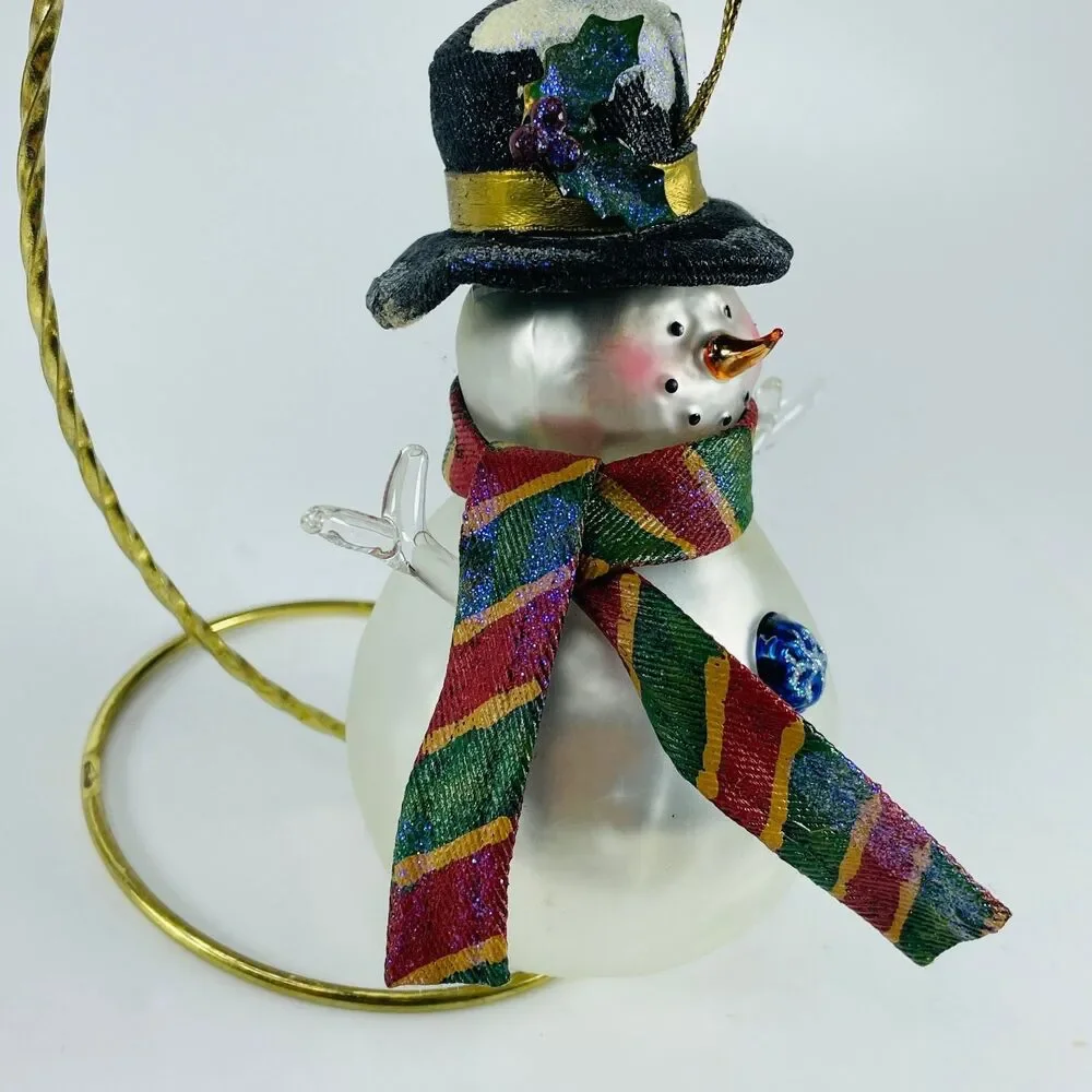 Glass Snowman Ornament Christmas Holiday Large Hand Painted Cloth Hat Scarf